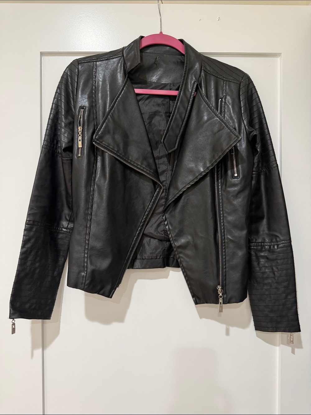 Black Faux Leather Moto Jacket - Women